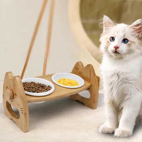 Houten Huisdier Bak Verhoogde Dubbele Keramische Hond Kat Bakken Verhoogde Voer Water Feeder met Nekbescherming Ontwerp