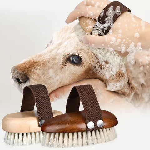 Brosse de Bain de Massage pour Animaux en Bois Peigne de Toilettage en Soies de Porc Naturelles pour Chiens Chats