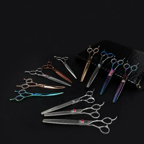Professional Stainless Steel Pet Grooming Scissors Set Dog Hair Cutting Thinning Shears With Rhinestone Screw Pet Care Tools
