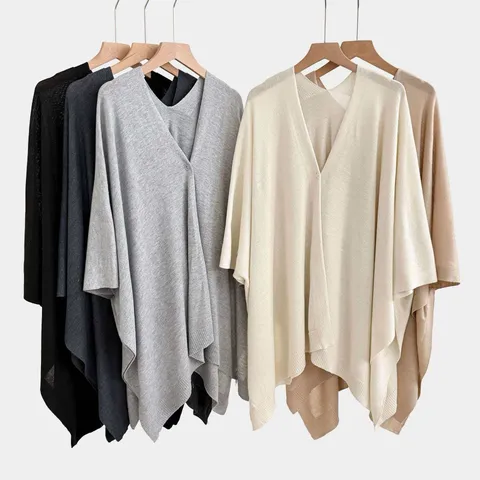 Scialle Mantella in Maglia Tinta Unita da Donna Aperto Davanti Bottone Singolo Cardigan Casual Largo Moda Versatile