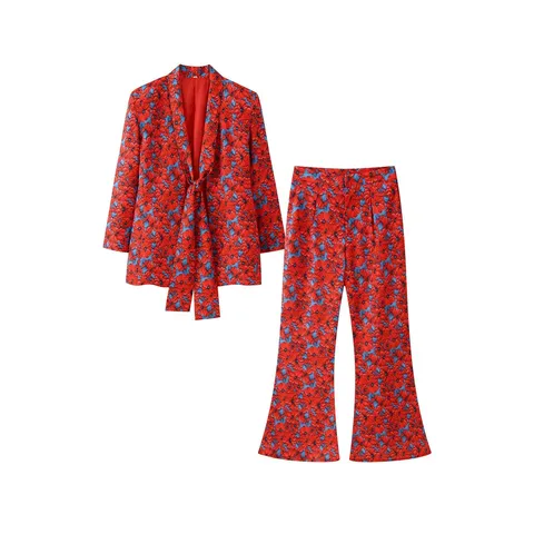 Women's Printed Blazer And Flare Pants Top And Bottom Casual Streetwear Office Suit Floral Abstract Print Long Sleeve Outfit