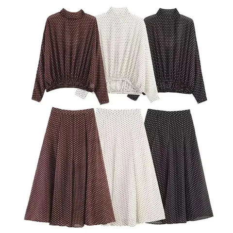 Women Polka Dot Long Sleeve Bow Tie Neck Top And A-Line Midi Skirt Two Piece Set Casual Fashion Woven Polyester Outfit