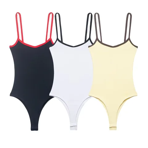 Women Contrast Trim Bodysuit Ribbed Knit Sleeveless Backless One Piece Top Slim Fit Casual Bodysuit For Summer Daily Dating