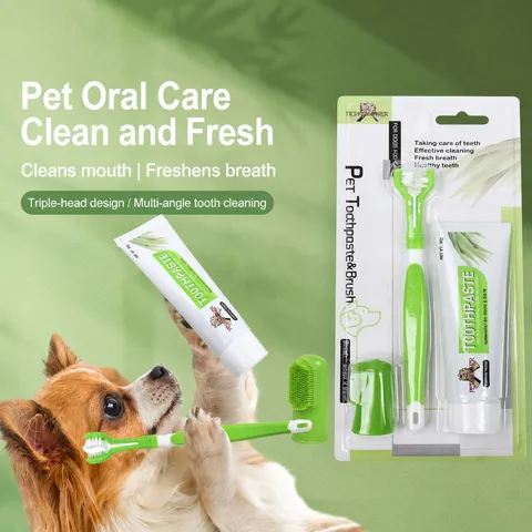 Pet Toothbrush And Toothpaste Set Cat And Dog Oral Cleaning Care Supplies Vanilla Flavor Three-Head Toothbrush Kit