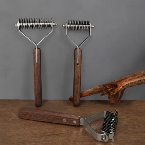Pet Grooming Comb Walnut Wood Handle Stainless Steel Teeth Dog Hair Removal Rake Deshedding Tool For Cats And Dogs Pet Supplies