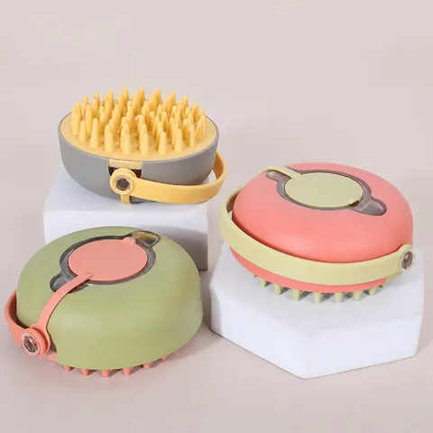 Pet Bath Massage Brush Silicone Grooming Brush With Shampoo Dispenser Soft TPR Bristles For Dogs Cats Bathing Cleaning Tool