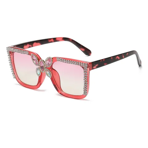 Fashion Oversized Square Rhinestone Sunglasses For Women Luxury Crystal Butterfly Decor Gradient Lens UV400 Eyewear