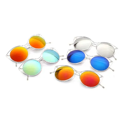 Fashion Cat Eye Sunglasses For Women Men Metal Frame Colorful Reflective Mirror Lenses UV400 Protection Outdoor Beach Eyewear