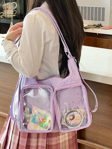 Harajuku Style Star Print Ita Bag Women Transparent PVC Window Multi-Functional Nylon Tote Backpack Bag