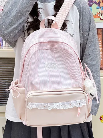 Mochila Escolar de Nylon a Cuadros para Niñas Estilo Preppy Dulce Encaje Bloque de Color Gran Capacidad Bolsa de Escuela Secundaria