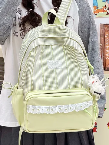 Mochila Escolar de Nylon a Cuadros para Niñas Estilo Preppy Dulce Encaje Bloque de Color Gran Capacidad Bolsa de Escuela Secundaria