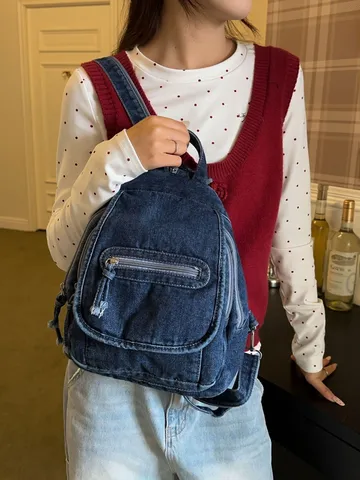 Vintage Washed Denim Multi-Functional Backpack For Women Fashion Commuting Travel Chest Bag Casual Denim Shoulder Bag