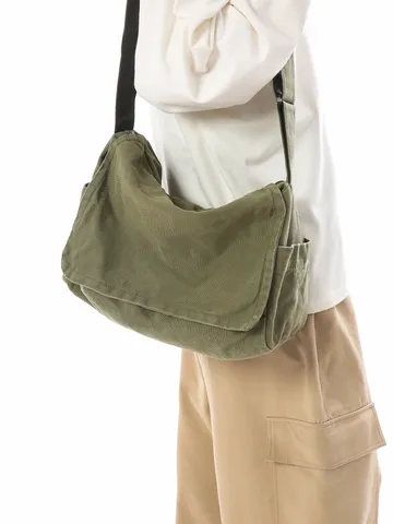 Retro Leinwand Klappe Umhängetasche Damen Gewaschene Einfarbig Schultertasche Vielseitige Quadratische Kuriertasche