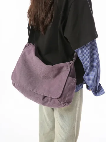 Retro Leinwand Klappe Umhängetasche Damen Gewaschene Einfarbig Schultertasche Vielseitige Quadratische Kuriertasche