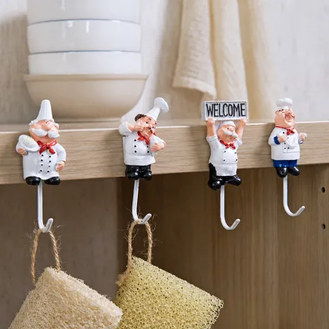 Cartoon Chef Resin Stainless Steel Wall Hook Adhesive Hanger For Kitchen Home Storage Decorative Utility Hook