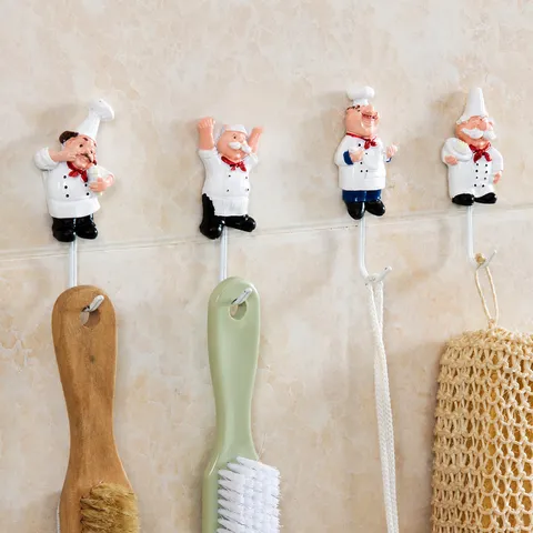 Cartoon Chef Resin Stainless Steel Wall Hook Adhesive Hanger For Kitchen Home Storage Decorative Utility Hook