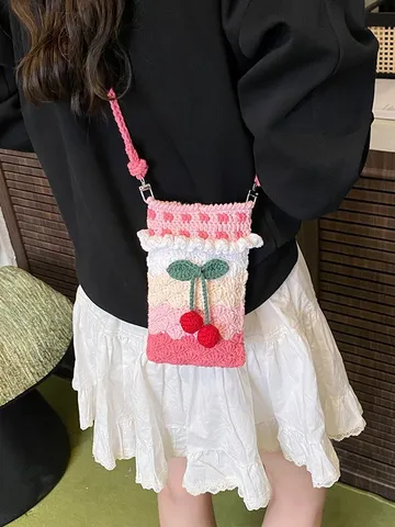 Handgestrickte Kirsch Handytasche Damen Kontrastfarbe Häkeln Schultertasche Tasche Für Smartphone Tägliches Geschenk
