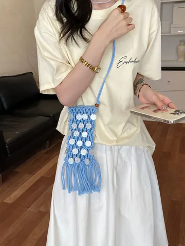 Women Woven Hollow Out Tassel Mobile Phone Bag Handmade Macrame Sequin Decor Crossbody Bag Daily Casual Shoulder Bag