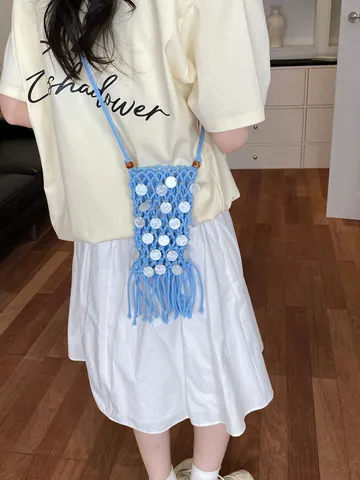 Women Woven Hollow Out Tassel Mobile Phone Bag Handmade Macrame Sequin Decor Crossbody Bag Daily Casual Shoulder Bag
