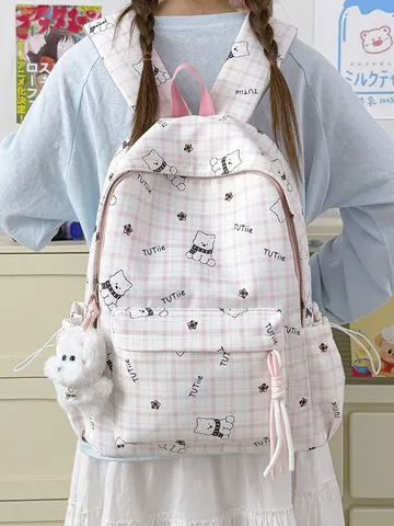 Cute Cartoon Bear Plaid Backpack Large Capacity School Bag For Primary Junior High School Students Girls Nylon Student Bookbag