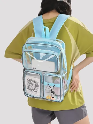 Fashion Transparent PVC Backpack Large Capacity Multi-Pocket Schoolbag For Middle High School Students Unisex Cool Street Style Bag