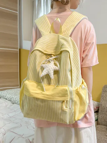 Zaino Scolastico in Nylon a Righe con Fiocco Grande Capacità Traspirante Borsa per PC Casual per Studenti Adolescenti