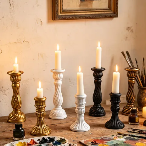 Candelabro de Columna Romana de Resina Francesa Vintage Retro Artístico Soporte para Vela Cónica Adorno de Escritorio Decoración de Boda