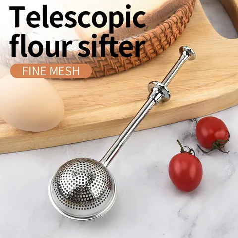 Stainless Steel Retractable Flour Sifter Ball Shaped Powder Shaker Fine Mesh Baking Tool Kitchen Gadget