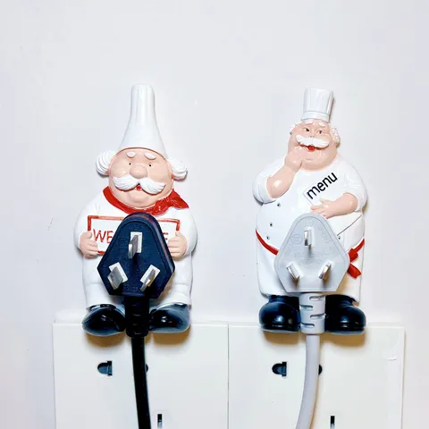 Resin Cartoon Chef Plug Hook Power Cord Storage Holder Cute Wall Adhesive Multi-functional Organizer For Kitchen
