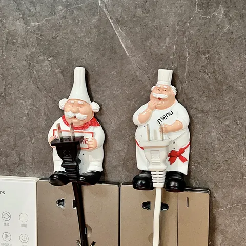 Resin Cartoon Chef Plug Hook Power Cord Storage Holder Cute Wall Adhesive Multi-functional Organizer For Kitchen