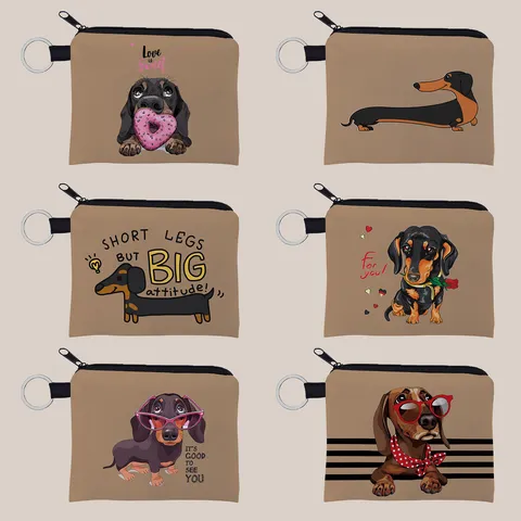 Schattige Teckel Hond Print Mini Portemonnee Draagbare Polyester Stof Muntzakje Met Sleutelhanger Rits Portefeuille Voor Dames
