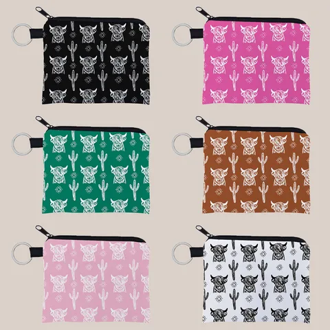 Western Cowboy Highland Cow Cactus Digital Printed Polyester Coin Purse Portable Keyring Zipper Wallet For Women Gift