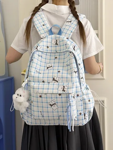 Cute Cartoon Bear Plaid Backpack Large Capacity School Bag For Primary Junior High School Students Girls Nylon Student Bookbag