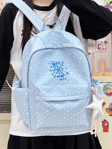 Nylon Preppy Schulrucksack Für Mädchen Sternen- und Punktdruck Große Kapazität Bestickt Mode Schüler Büchertasche