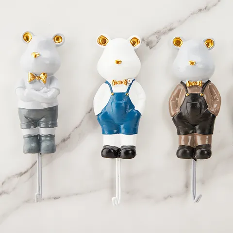 Cute Cartoon Bear Wall Hook Resin Adhesive Key Holder Decorative Entryway Hanging Hook Animal Storage Hanger