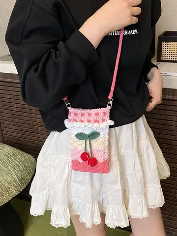 Handgestrickte Kirsch Handytasche Damen Kontrastfarbe Häkeln Schultertasche Tasche Für Smartphone Tägliches Geschenk