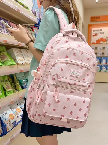 Fashion Cute Star Print Large Capacity Student Backpack For Junior Senior High School Girls Durable Nylon School Bag Outdoor Travel Backpack