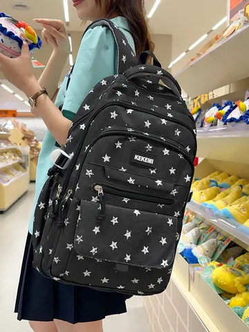 Fashion Cute Star Print Large Capacity Student Backpack For Junior Senior High School Girls Durable Nylon School Bag Outdoor Travel Backpack