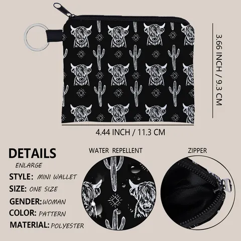 Western Cowboy Highland Cow Cactus Digital Printed Polyester Coin Purse Portable Keyring Zipper Wallet For Women Gift