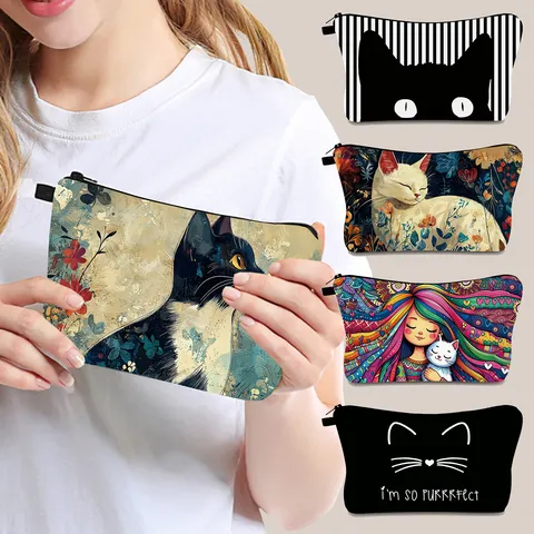 Süße Katze Bedruckte Kosmetiktasche Tragbare Polyester Reise Aufbewahrungstasche Reißverschluss Tasche Für Damen Täglicher Kulturbeutel