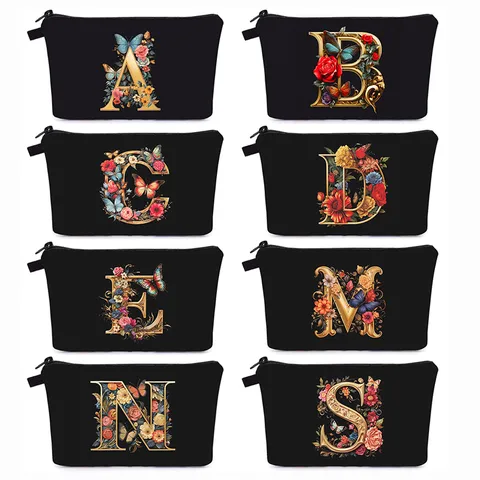 Trousse à Maquillage avec Lettre Initiale Florale Imprimée Noir Polyester Fermeture Éclair Portable Organisateur de Voyage Femme