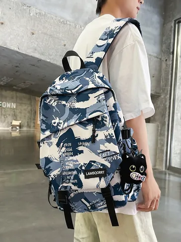 Mode Dunkel Graffiti Kontrastfarbe Rucksack Große Kapazität Straßentrend Nylon Schulranzen Für Teenager Casual Rucksack
