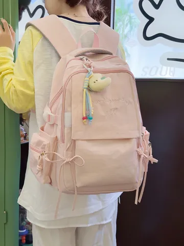 Sac à Dos Scolaire en Nylon Grande Capacité Minimaliste avec Broderie de Lettres et Nœud pour Filles Collège Campus