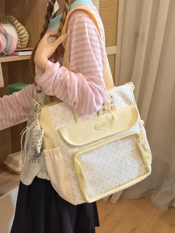 Cute Polka Dot Ita Bag Transparent PVC Window Tote Bag Casual Student School Bag Canvas Shoulder Bag With Cat Ear