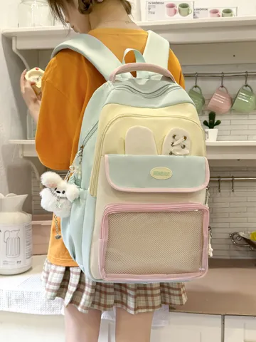 Zaino Scolastico di Moda in Nylon a Contrasto Colore Grande Capacità Ita Bag Con Finestra Trasparente Orecchie da Coniglio Per Ragazze