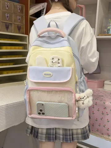 Zaino Scolastico di Moda in Nylon a Contrasto Colore Grande Capacità Ita Bag Con Finestra Trasparente Orecchie da Coniglio Per Ragazze