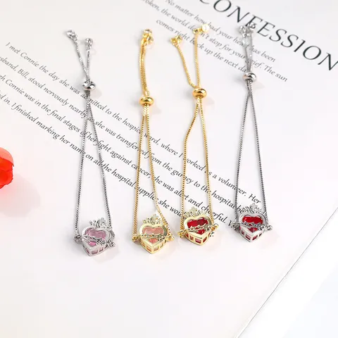 Minimalist Copper Zircon Heart Crown Bracelet Adjustable Chain Women Fashion Jewelry Gift