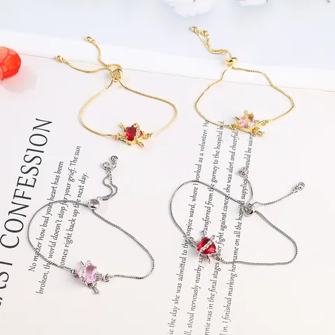 Minimalist Copper Zircon Heart Crown Bracelet Adjustable Chain Women Fashion Jewelry Gift