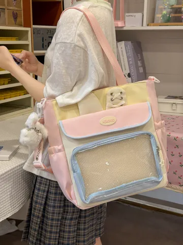 Sweet Japanese Style Ita Bag With Transparent Display Window And Cute Rabbit Ears Patchwork Nylon Student Shoulder Bag