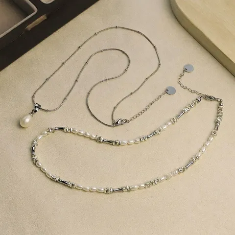 Original Design Natural Freshwater Pearl Bamboo Knot Necklace Set Luxury Silver Plated Double Layer Chain Jewelry For Women